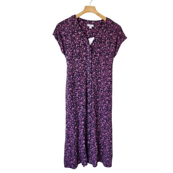 NEW J. Jill Navy Blue & Pink Floral Paisley Button Front Midi Dress Cottagecore - Picture 1 of 7